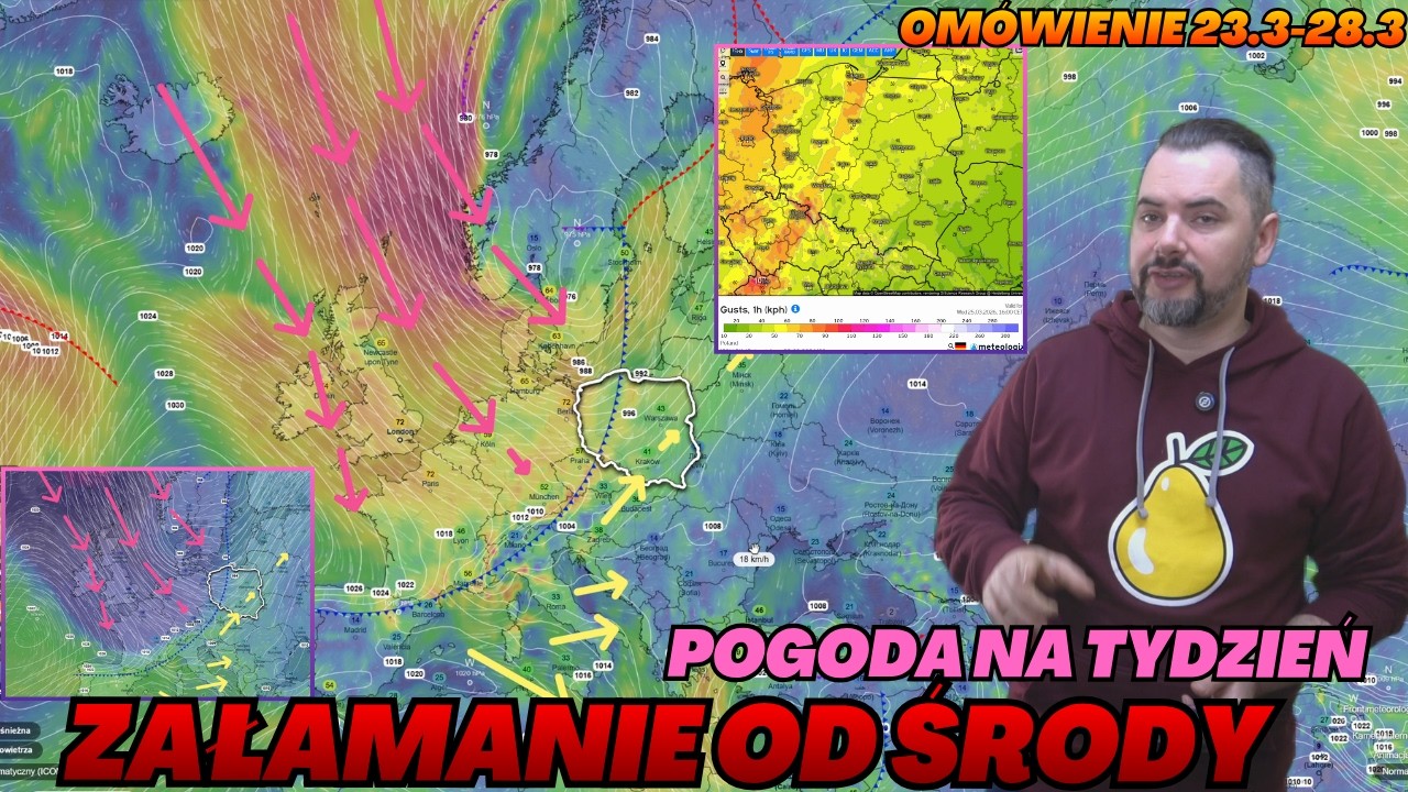 Od środy spływ zimnego powietrza. Załamanie pogody, fronty i opady deszczu oraz śniegu. Silny wiatr.