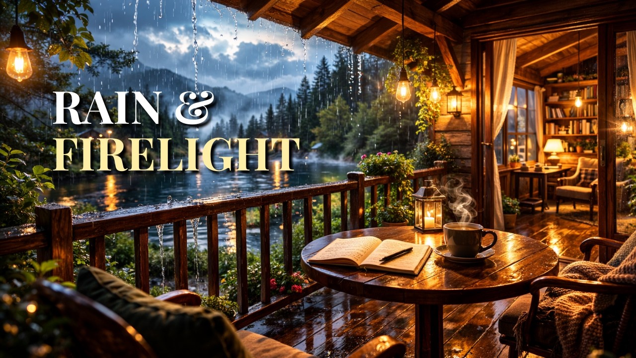 Heavy Rain at Lake Cabin Balcony | Rain Sounds & Soft Jazz for Deep Focus, Study & Sleep