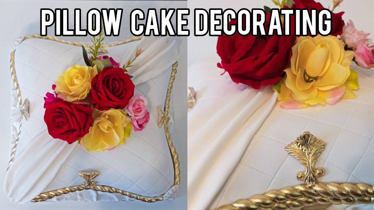 PILLOW CAKE - How to decorate a Pillow Cake. Gold painting.Floral arrangement. #Pillowcake