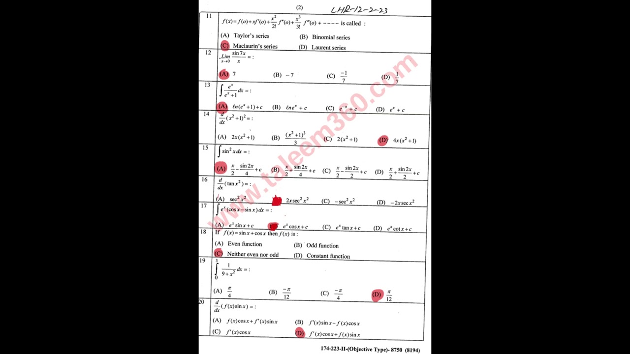 Math Past Paper 12th class solved MCQS objective type question 2nd year Lahore Board part 4 evening