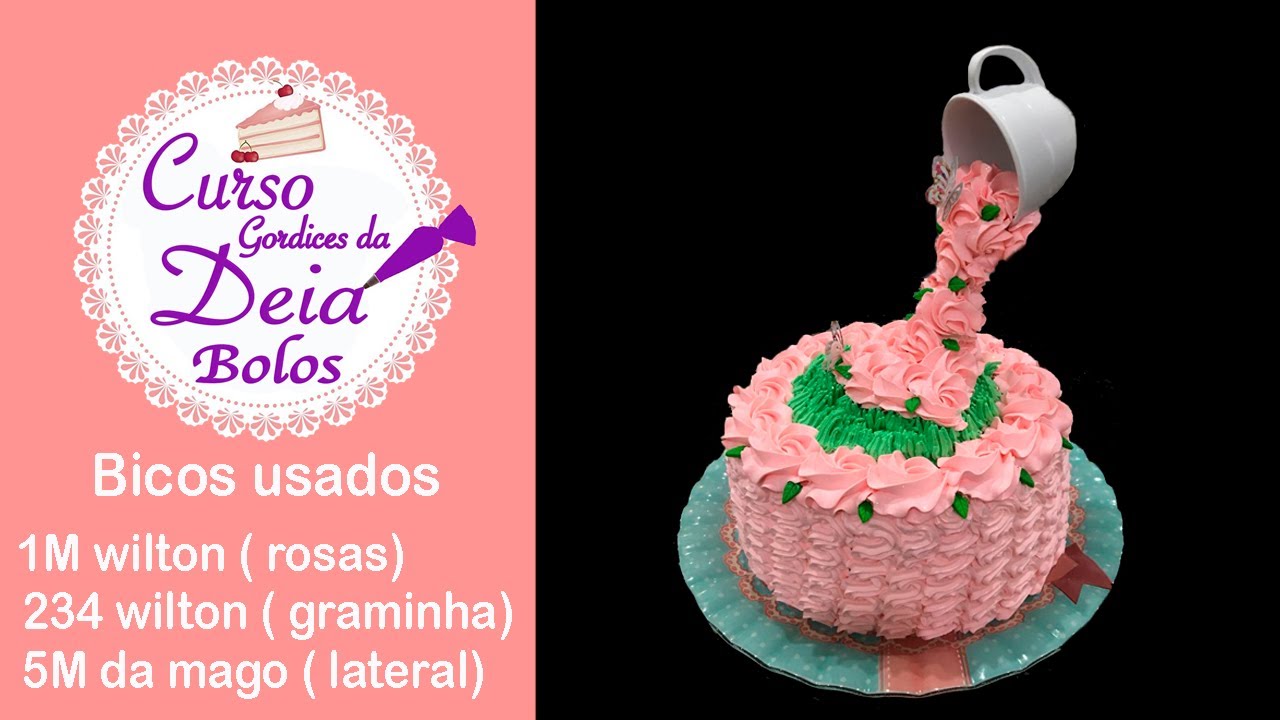 Como fazer bolo cascata de flores saindo da xícara em chantilly