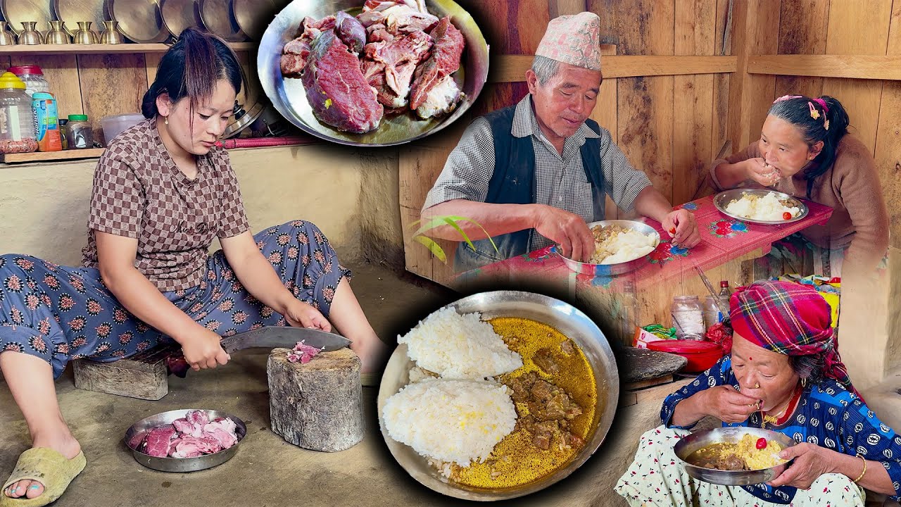 Buff Meat Curry Recipe & Rice with our Family in My Home रागाको मासु सँग भात खाइयो New Village Vlog