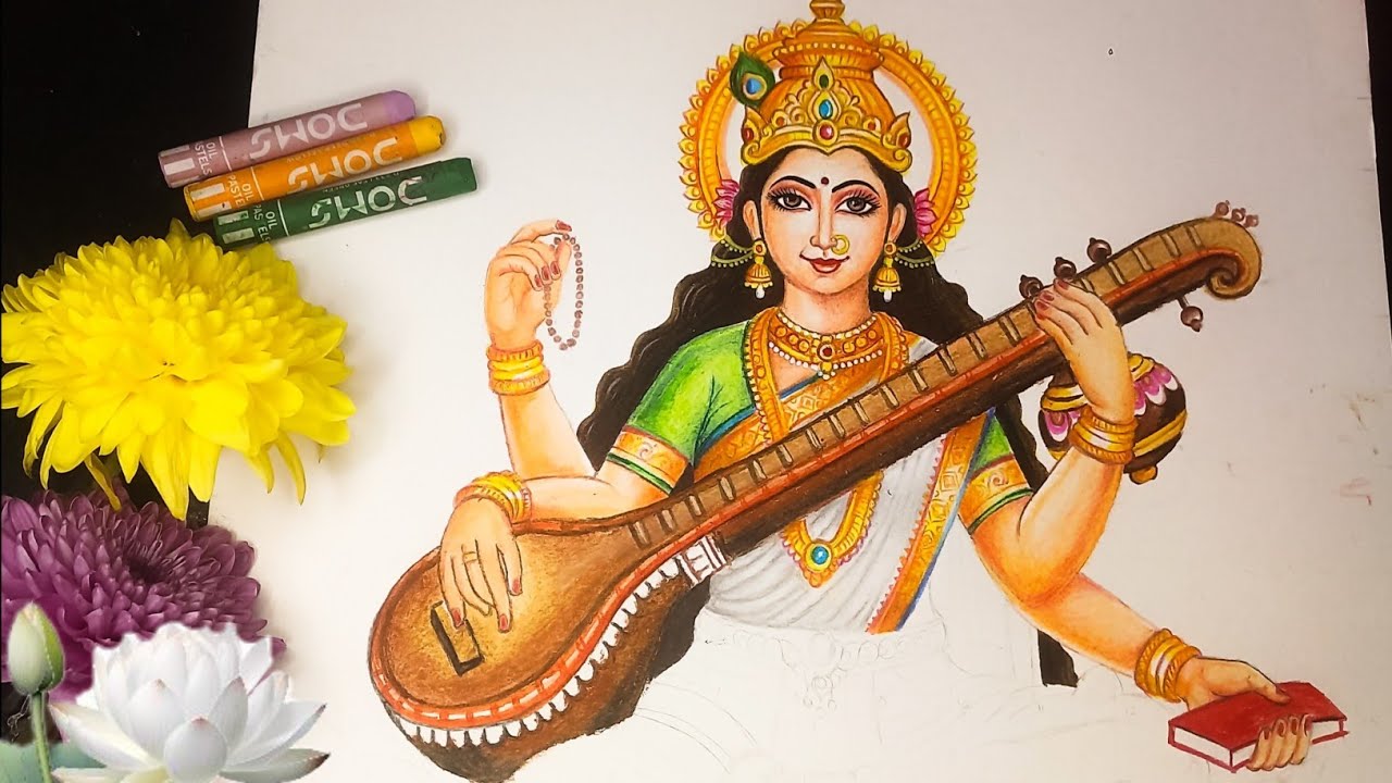 Saraswati Mata Drawing,Mata Saraswati Drawing,How to Draw Saraswati Mata,Saraswati Full Body Drawing