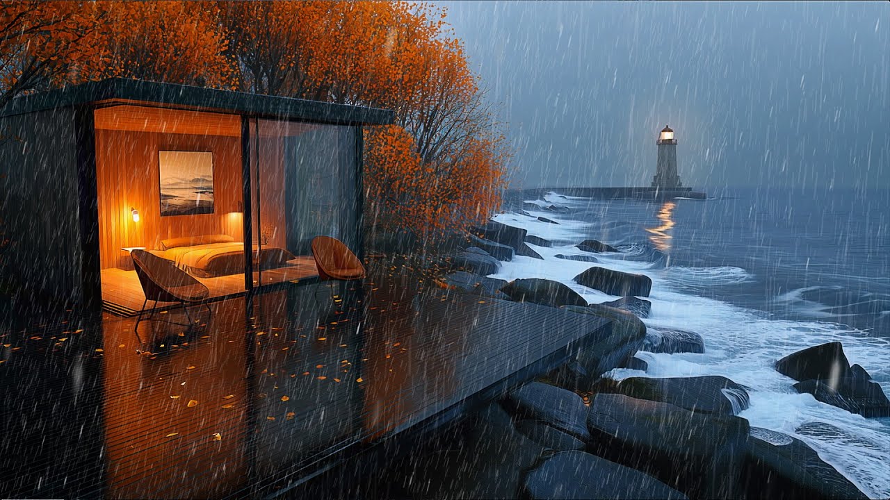 Deep Sleep at a Cozy Coastal Cabin | Live Rain and Ocean Waves