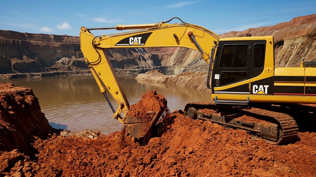 CAT Excavator Deep Digging: Moving Red Soil Near Water
