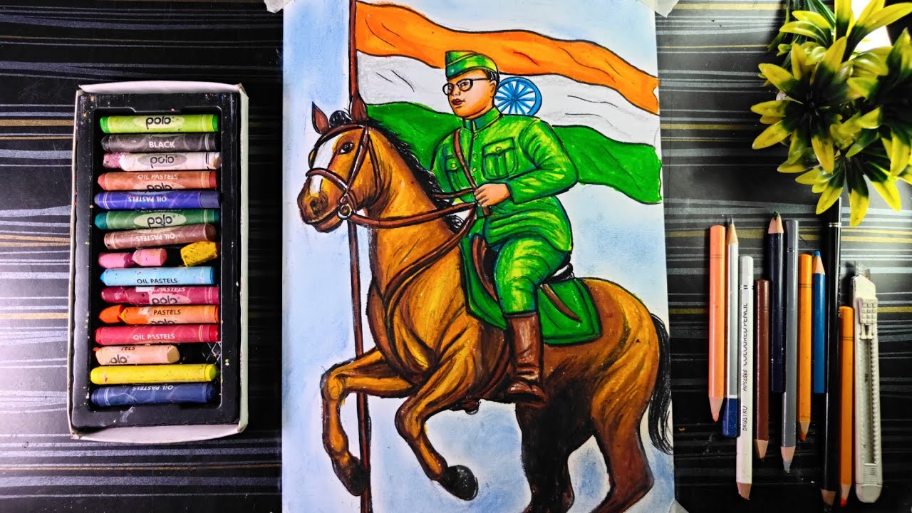 Netaji Subash Chandra Bose drawing With Oil pastel, How to draw Netaji Horse Riding, Freedom fighter