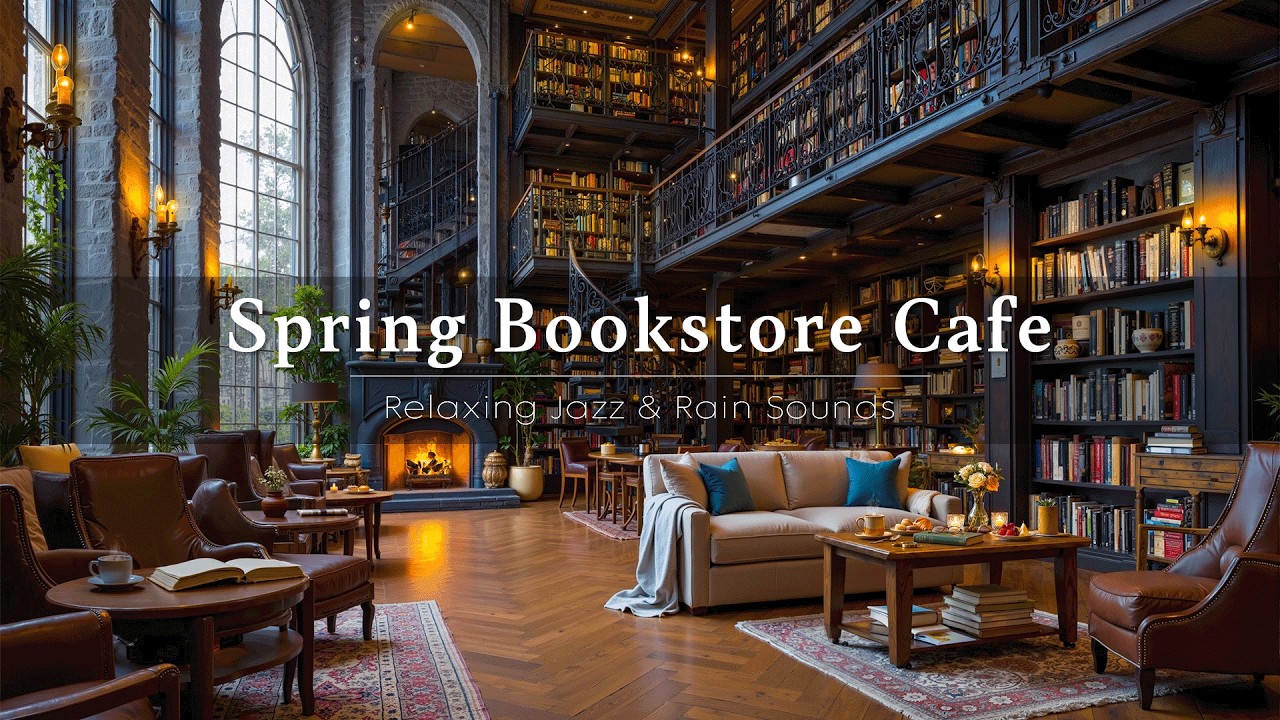 Cozy Bookstore Cafe Ambience on Rainy Spring Day ☕ Smooth Jazz & Warm Fireplace for Reading, Calm
