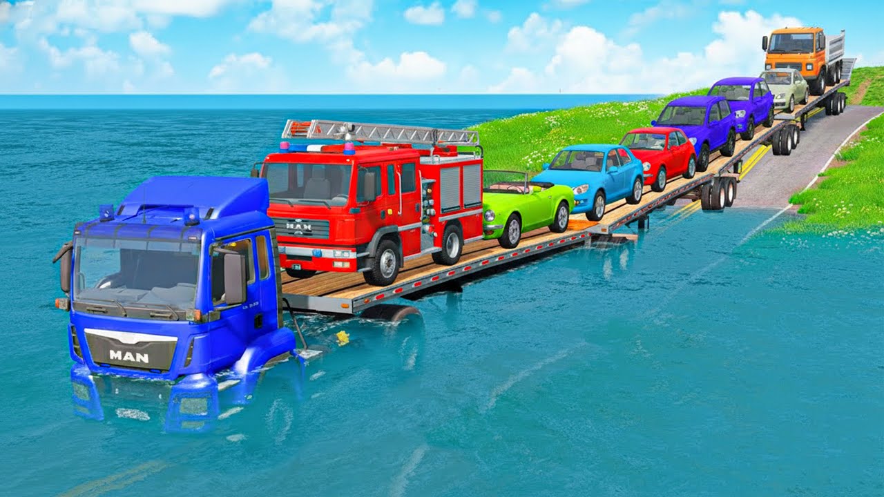 Triple Flatbed Trailer McQueen Transportation with Truck - Speedbumps vs Cars vs Train - BeamNG #32