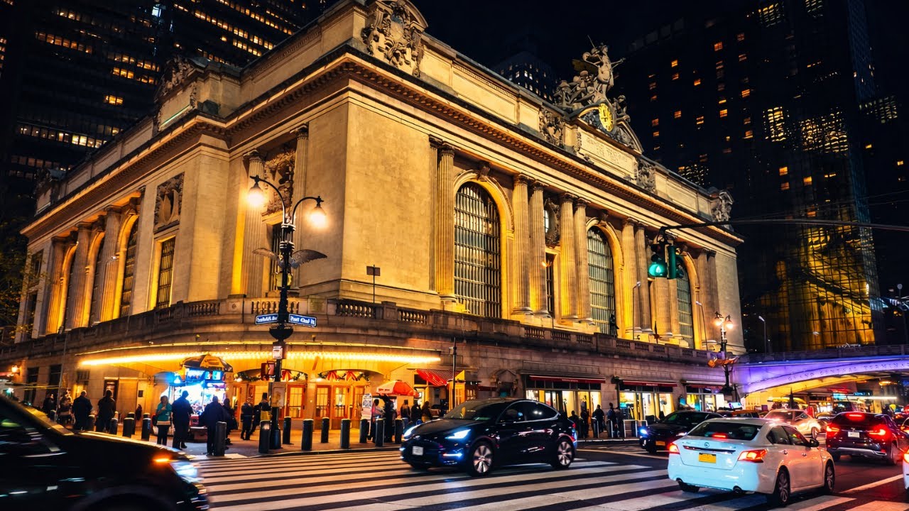New York City Night Walk 4K HDR | Bryant Park to Grand Central Terminal | Midnight Walking Tour