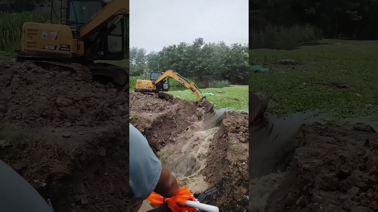 Digging Open The Dam Of The Downpour Causing Water Level Rising Pool To Discharge Flood !