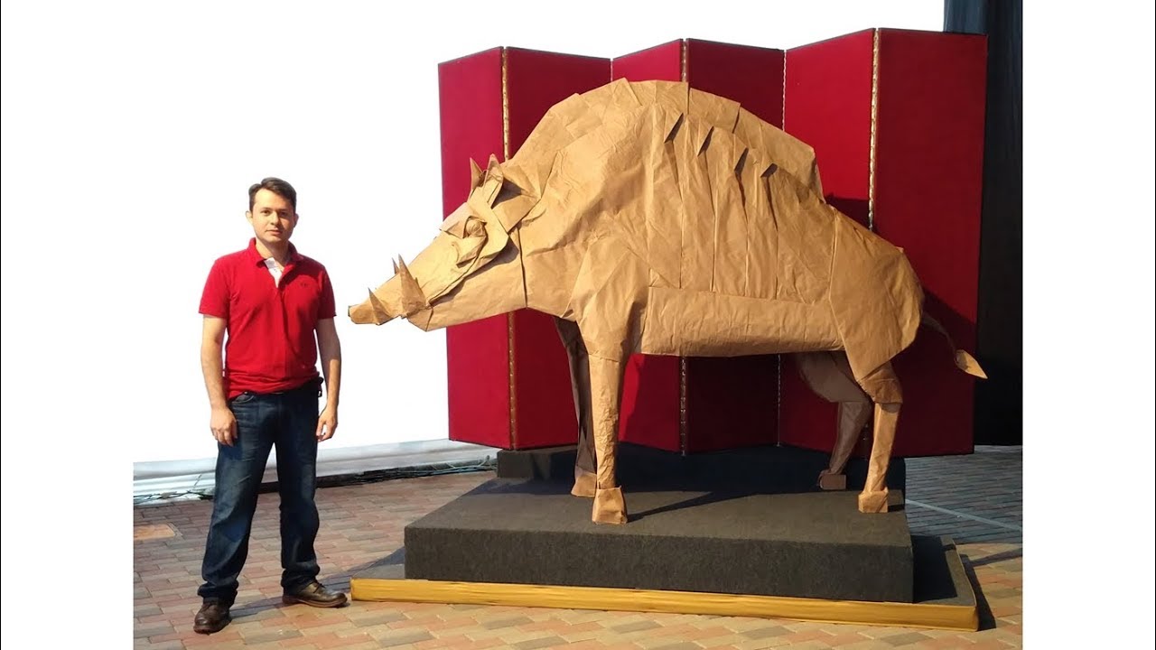 ORIGAMI GIANT THE DIVINE BOAR - PROCESS  (Satoshi Kamiya) 折り紙 猪  イノシシ Jabalí gigante Year 2019