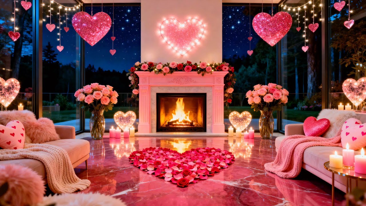 💗 Pink Valentine’s Night ✨ Cozy Fireplace Ambience with Roses & Crackling Fire Sounds | 4K
