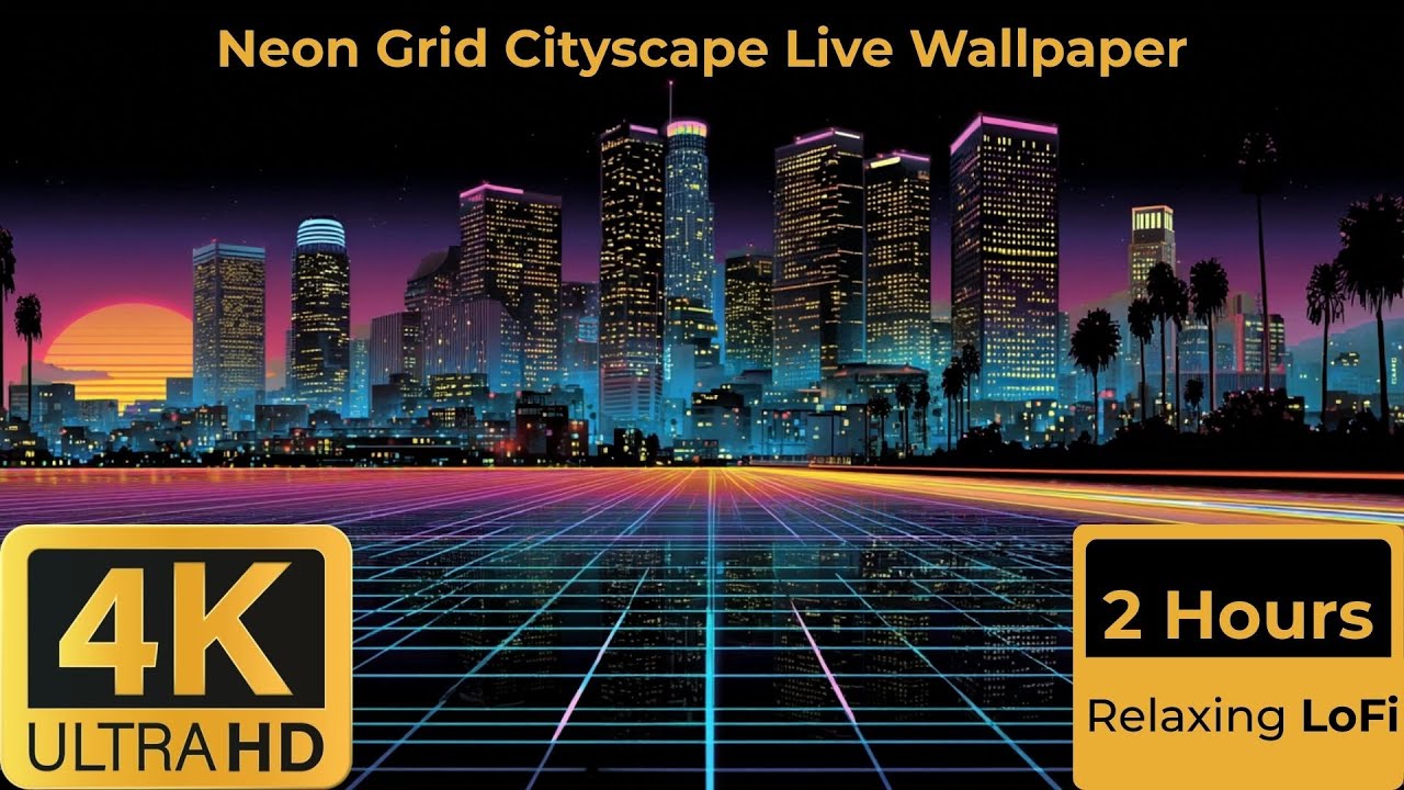Neon Grid Cityscape - 2 Hour 4K Ambient Loop with relaxing LoFi for Study, Gaming & Sleep