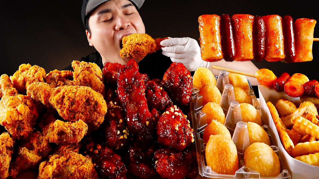 BBQ 뿜치킹이랑 떡볶이, 양념치킨이랑 랜덤 치즈볼10개 먹방~!! ASMRTteokbokki, Yangnyeom Chicken, Cheese Balls