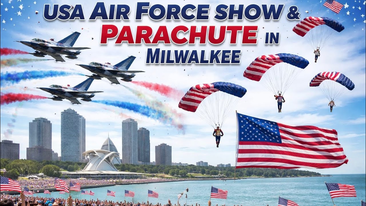 Epic USA Air Force Air Show & Parachute Stunt in Milwaukee! 🇺🇸 #AirShow #MilitaryFlight #EpicStunts