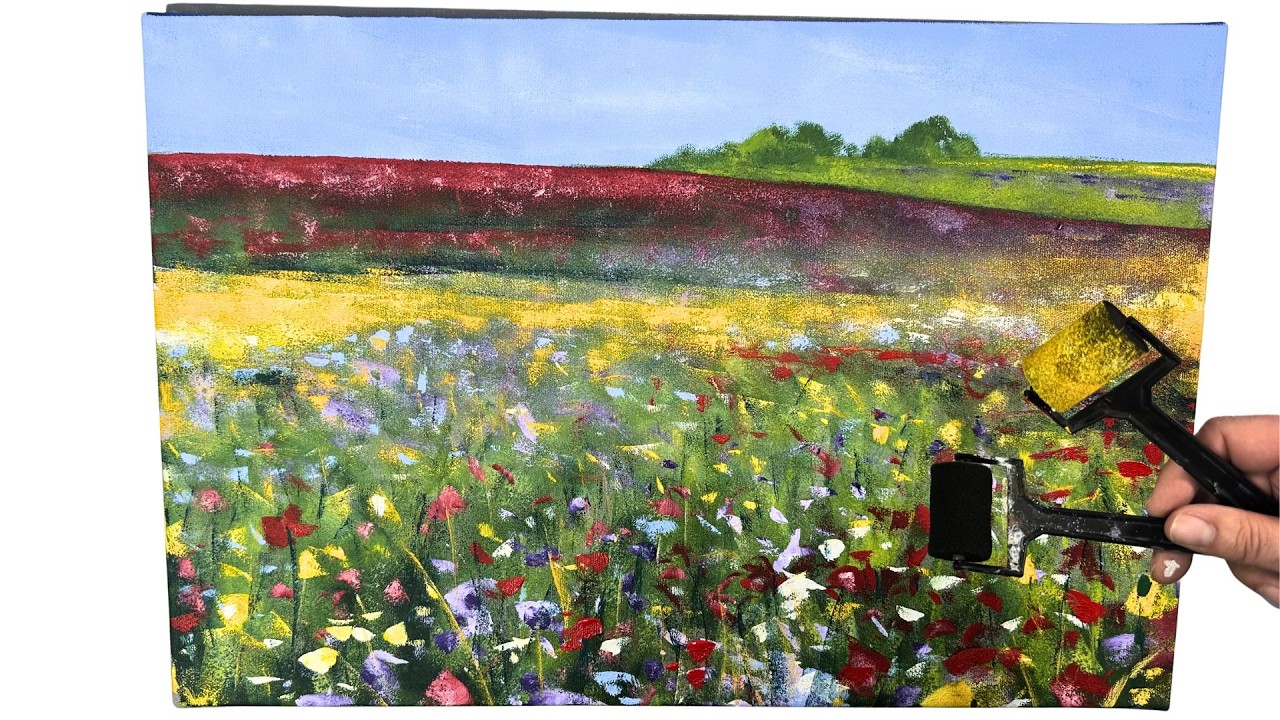 Ohne Pinsel - mit Rollen eine Blumenwiese experimentell mit Acryl malen - (Anleitung) für Anfänger