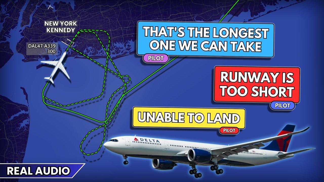 The longest available runway is too short. Delta Airbus A339 has problems over New York. Real ATC