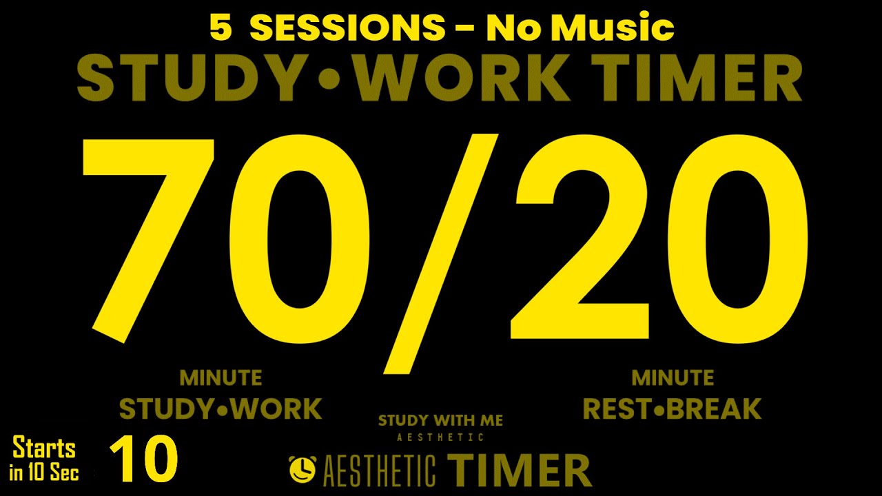 Dark Mode, Pomodoro 70 / 20 Study Timer, No Music, 70 Minute Study, 20 Minute Break, 7.5 Hour Focus