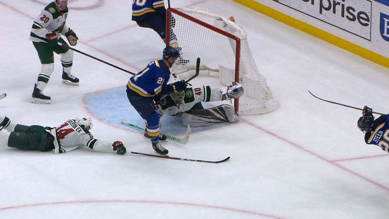 Devan Dubnyk sprawls across to stuff Steen