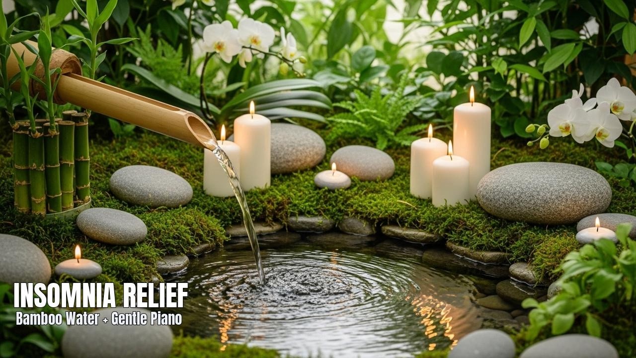 Insomnia Relief: Bamboo Fountain Sounds + Gentle Piano (No Talking) • Live Soundscape