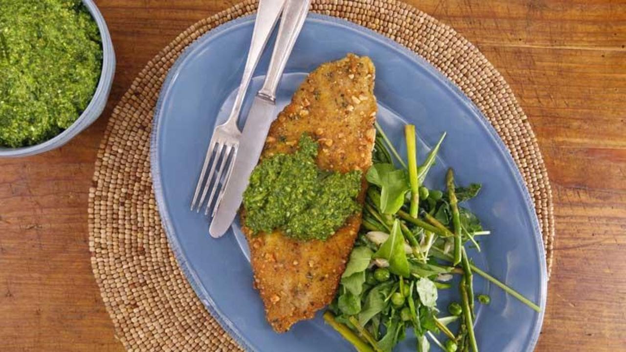 Filet of Sole Cutlets with Lemon-Chard Pesto, Spring Vegetables and Arugula