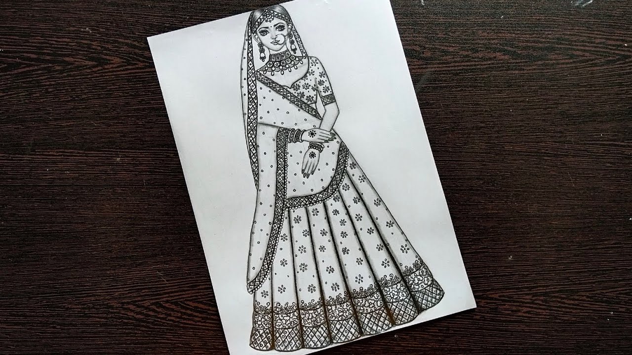Traditional girl drawing/Bride drawing/Lehenga drawing/Girl drawing/Dress drawing/Pencil Sketch