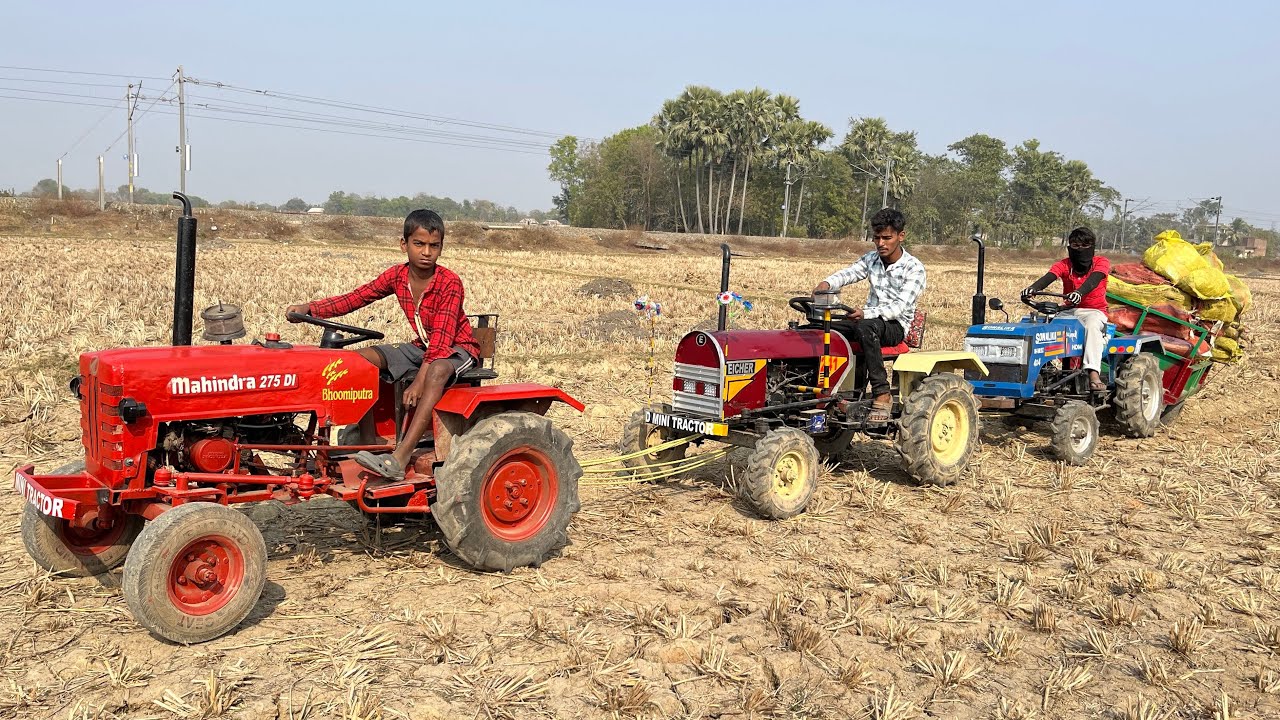 Mini Eicher and Mahindra tractors are pulling out the mini Sonalika stuck in the canal tractor video
