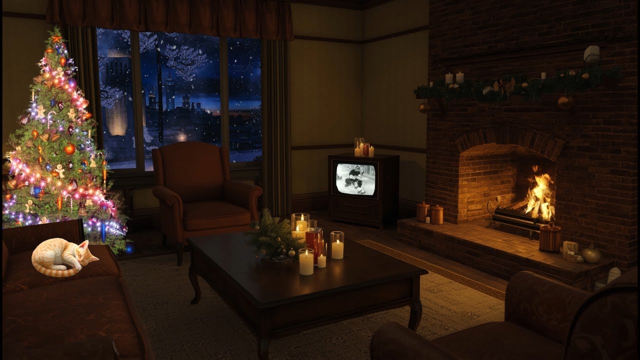 1950s Christmas night by a fireplace but you live in Empire Bay, jazz playing in another room.