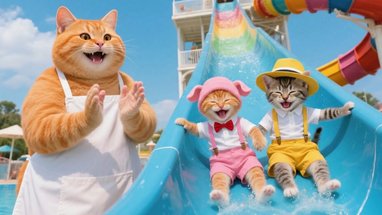 Ginger And Milo Play At The Water Park With Mama Cat