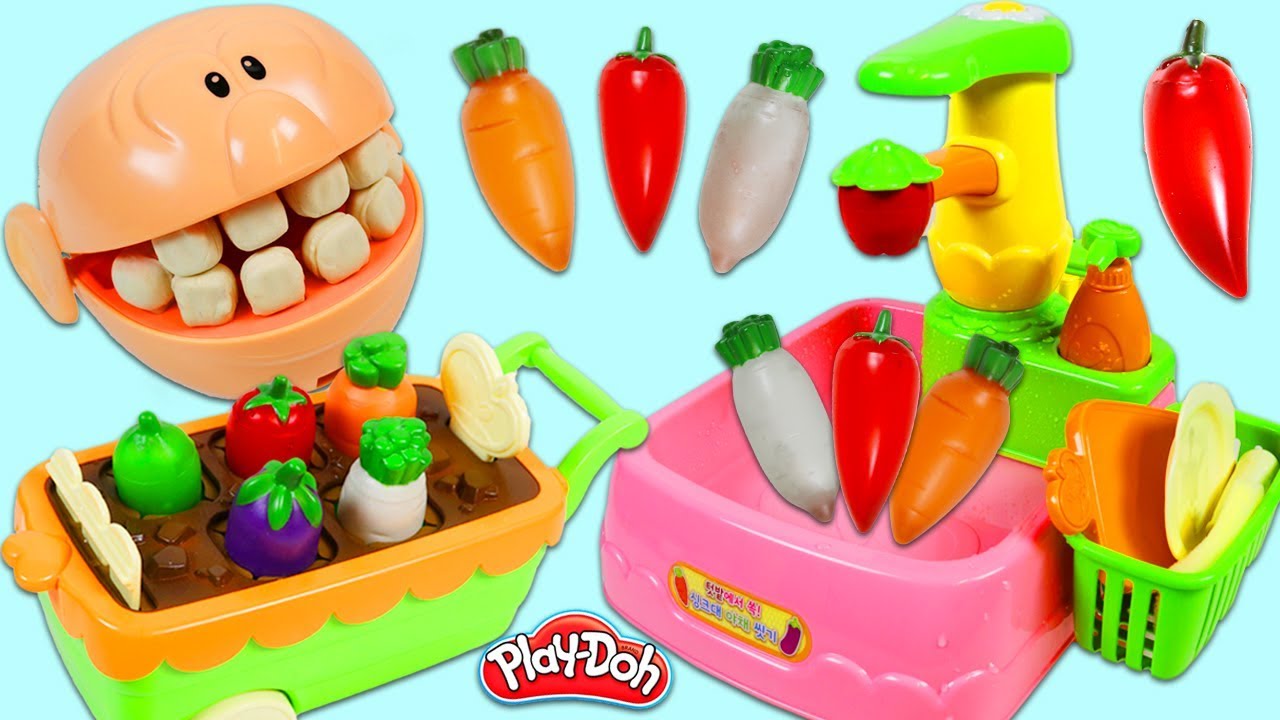 Feeding Mr. Play Doh Head Toy Vegetables!