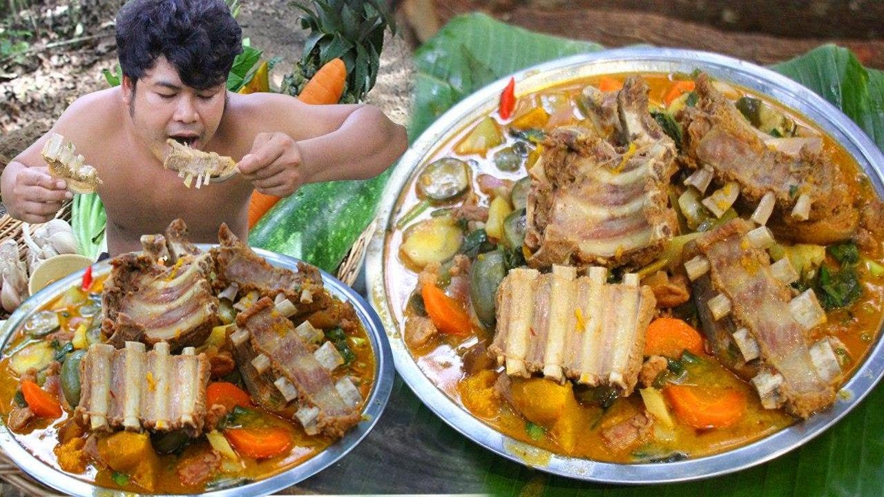 Cooking Pineapple Pork Meat Cream Soup eating so Delicious - Cook Pork Ribs Soup Kerala Style