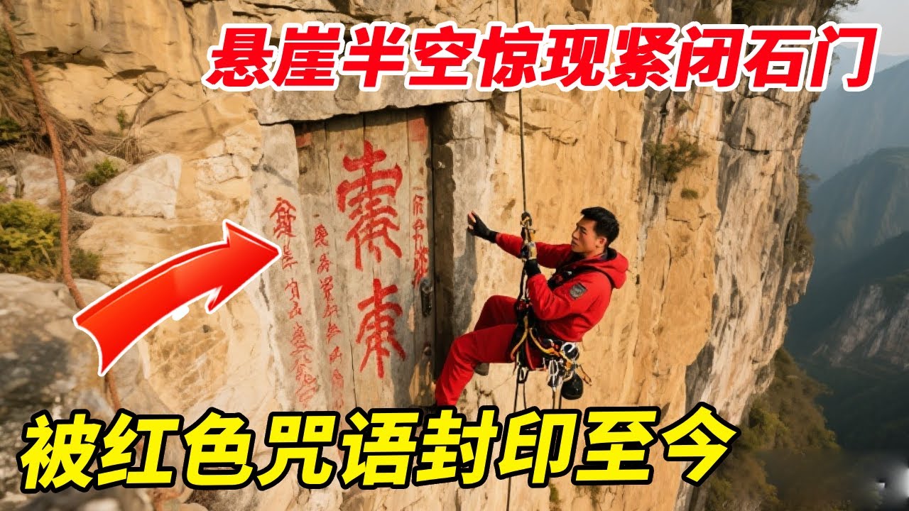 四川悬崖峭壁半空惊现紧闭石门，被红色咒语封印至今无人打开，伸手进去吓得冷汗直流【户外小北哥】