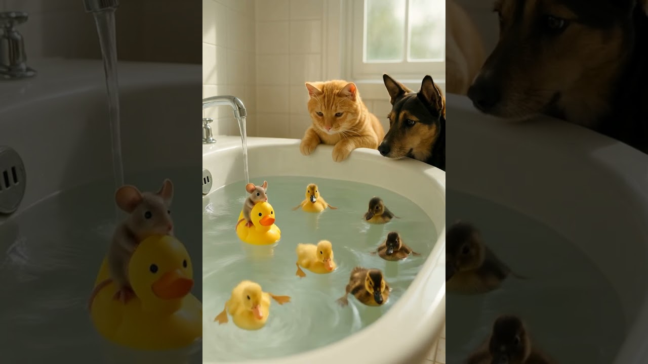Cute Ducklings Swimming in Bathtub 🐥 | Cat, Dog & Mouse Watching #animalanimation  #catandmousegame