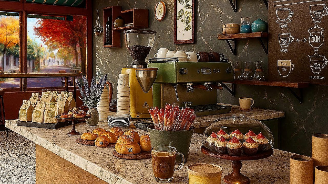 Autumn Cafe ASMR 🍂☕ | Coffee Shop Sounds, Light Wind, Chatter | Cozy Fall Ambience