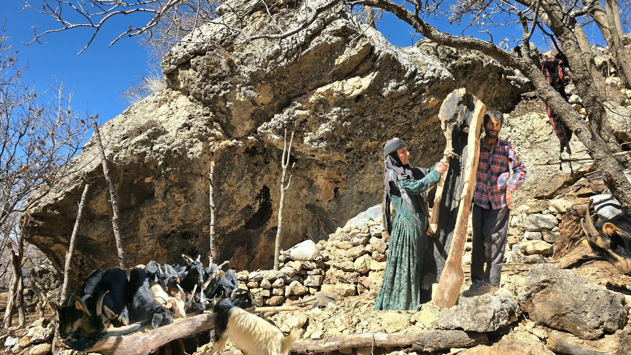 Cave Dwelling Life in the Mountains of Iran | Herding and Making a Feed Trough for Sheep 🐐🏔️ ✅