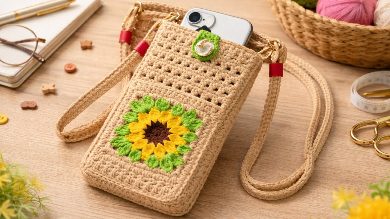 Crochet Granny Square Sunflower Phone Bag Tutoria ll फोन बैग 🌻