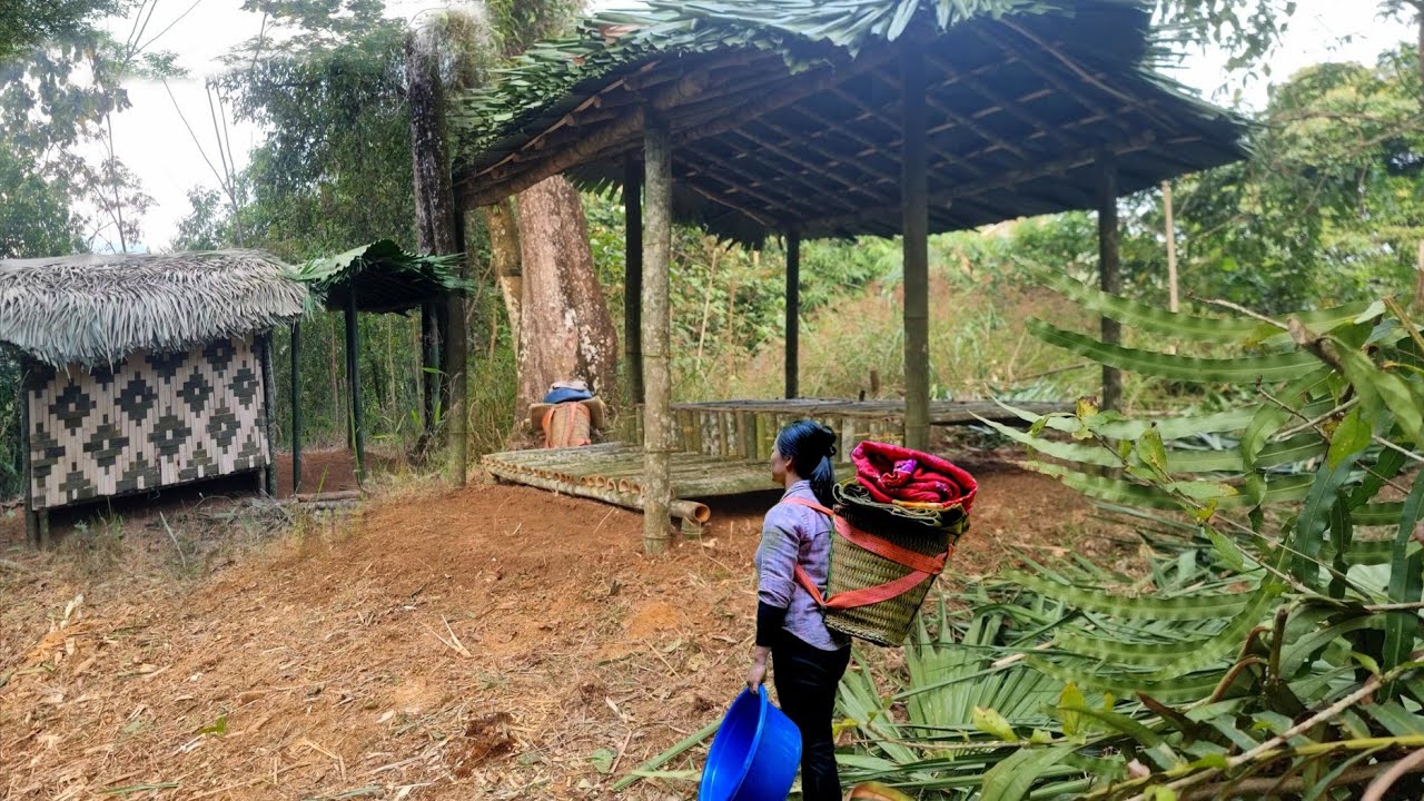 65 days: After completing the bamboo house, the girl continued building the kitchen || Camping