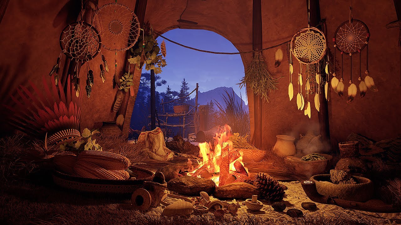 Cozy Native American Tent 🪶 Wooden Wind Chimes, Crackling Fire & Wind Sounds | Immersive Experience