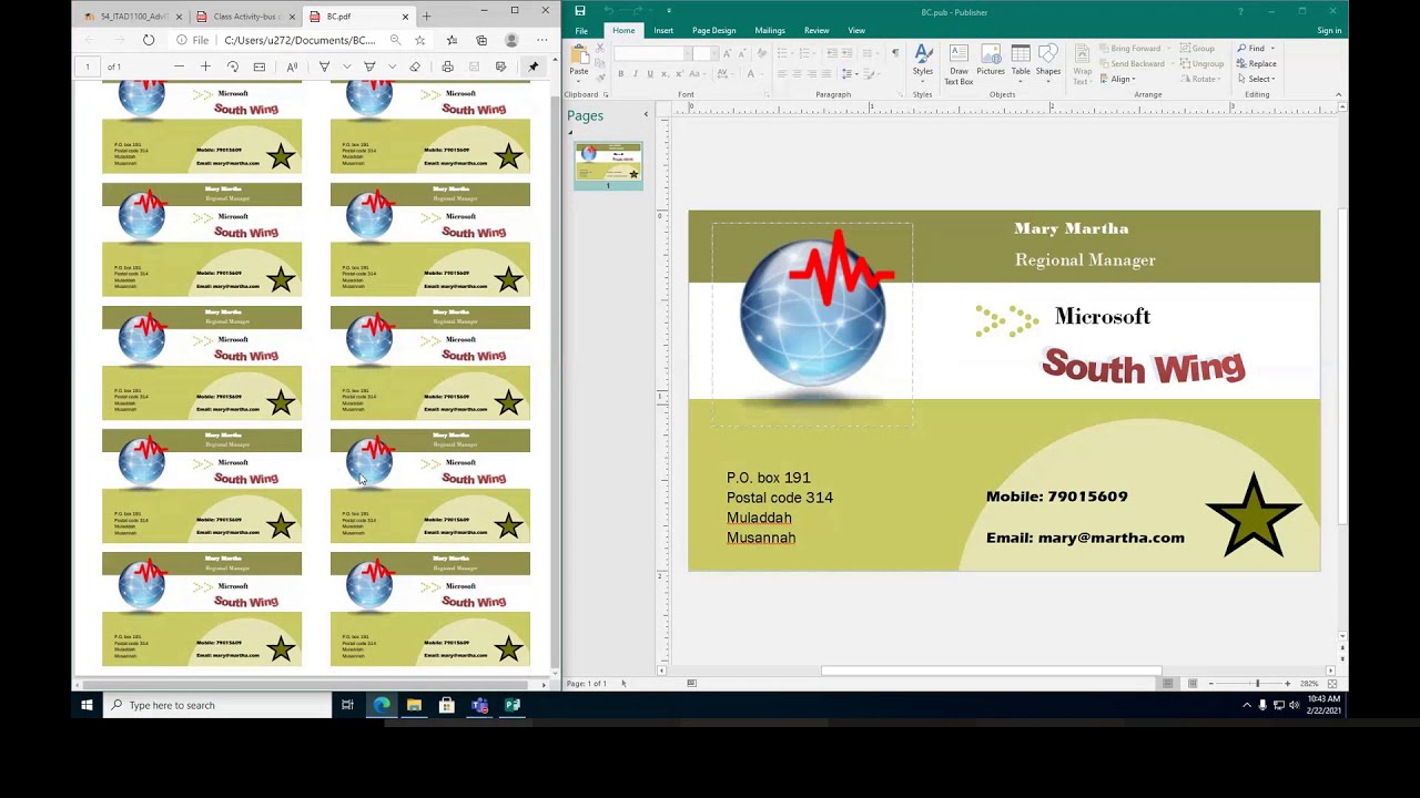Microsoft publisher 2016 tutorial: Example on designing a business card from template