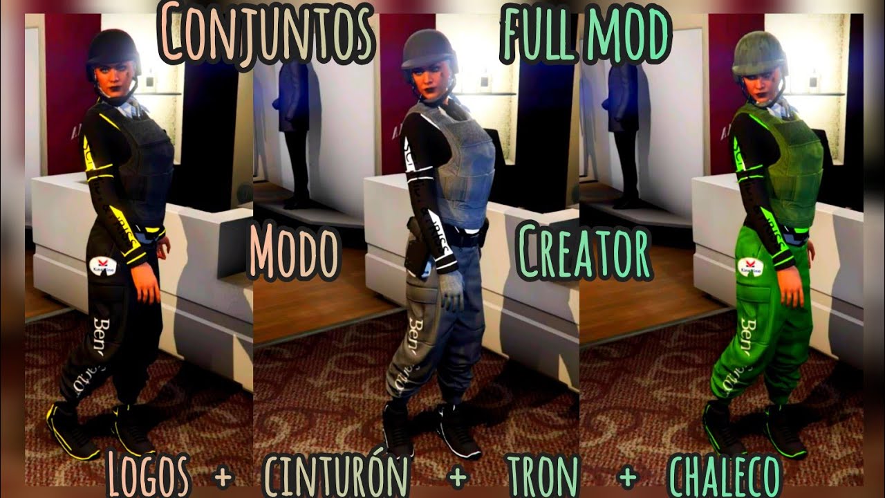 CONJUNTO FULL MOD GTA V MODDED OUTFFITS CHICA GTA V PS4 LOGOS JOGGERS CHALECOS TRON CINTURÓN#gtavps4