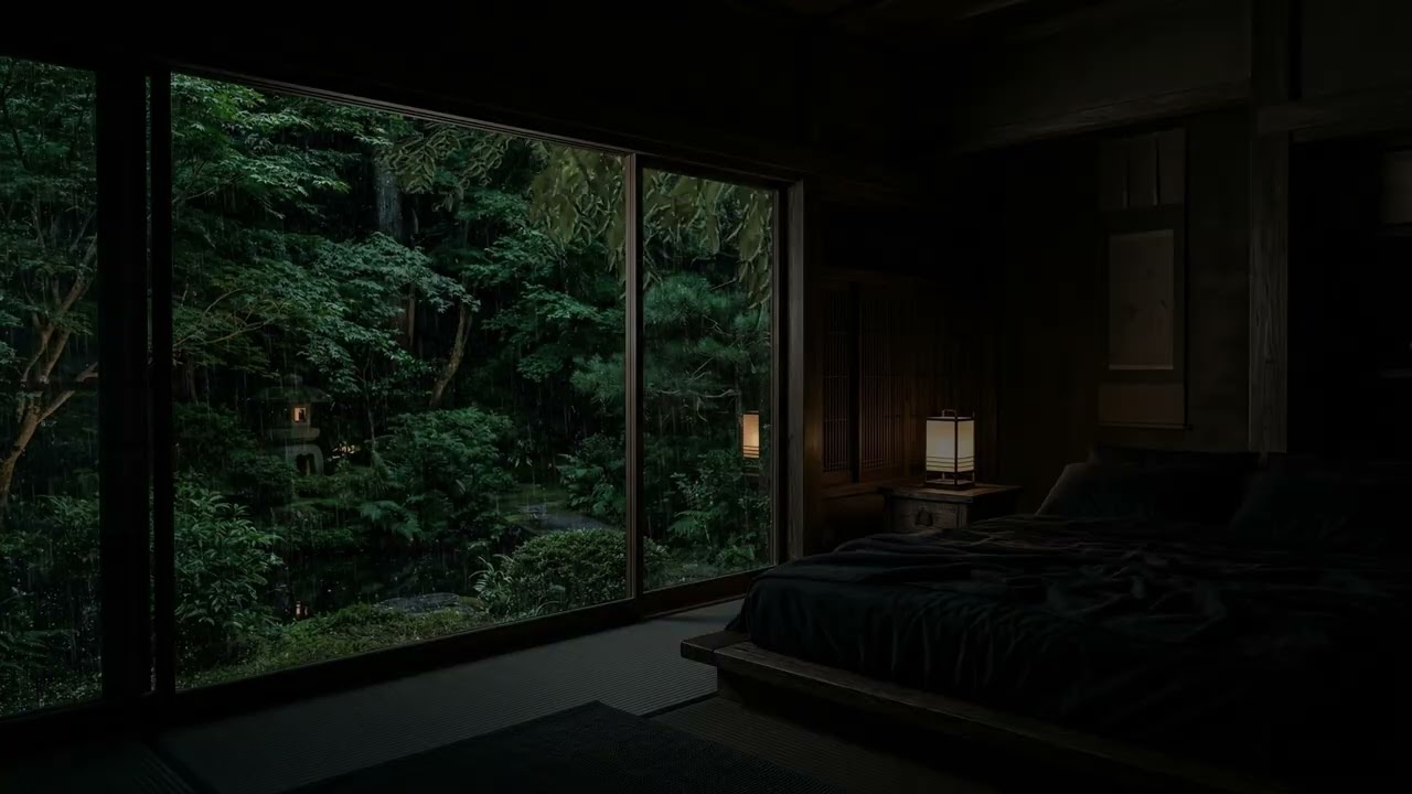 Midnight Rain In A Traditional Japanese Tatami Bedroom Facing Silent Forest