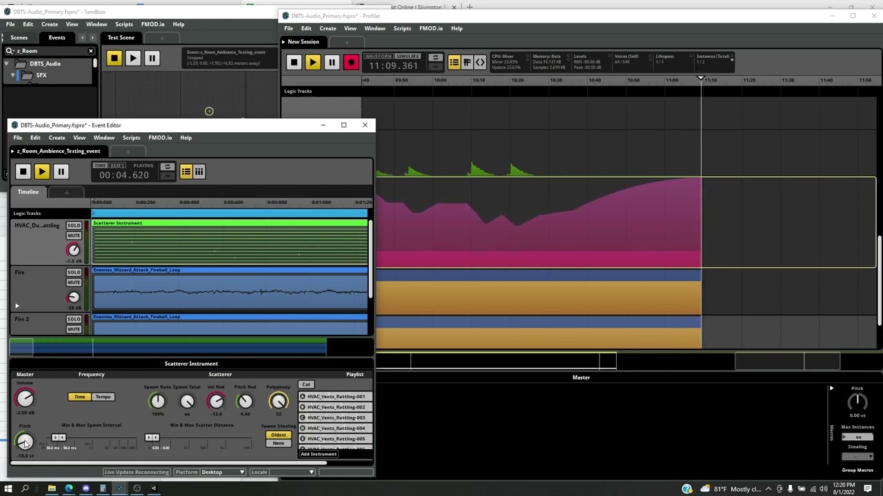 FMOD   Scatter Tool Pitch Shift in Sandbox and Editor   Profiler Example