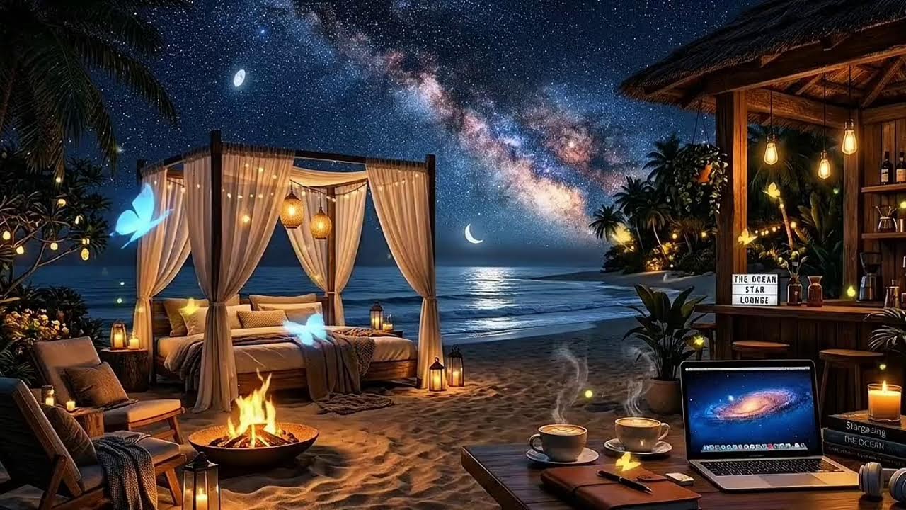 Relaxing Today's Spring Cozy Coffee Shop  on the Beach with Jazz Piano Background  Music for WORK