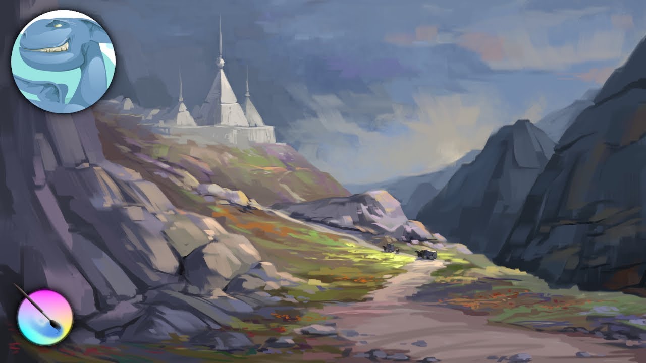 Mountain landscape with white towers. Digital painting with Krita.