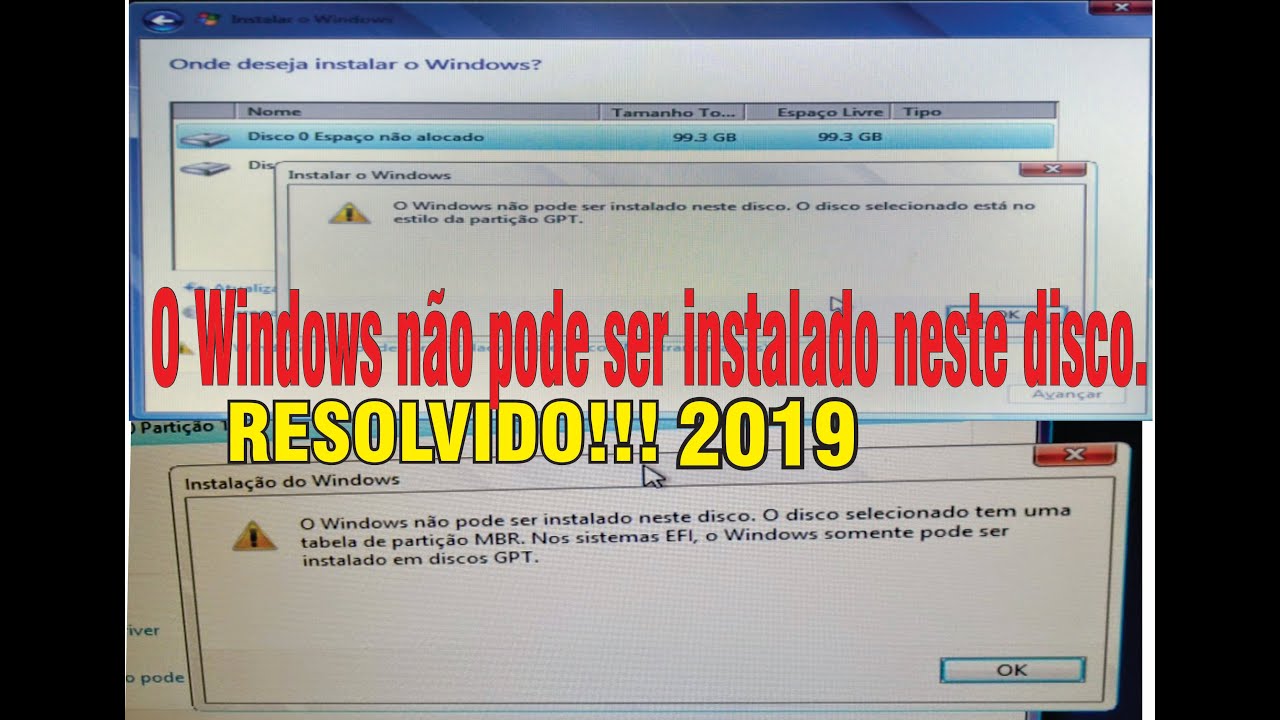 O Windows não pode ser instalado neste disco. O disco selecionado tem uma tabela de partição MBR.