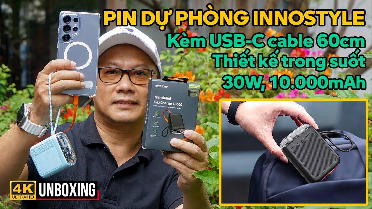 PIN DỰ PHÒNG INNOSTYLE TRANSIMINI FLEXCHARGE: 30W, 10.000MAH, KÈM CABLE 60CM, THIẾT KẾ TRONG SUỐT