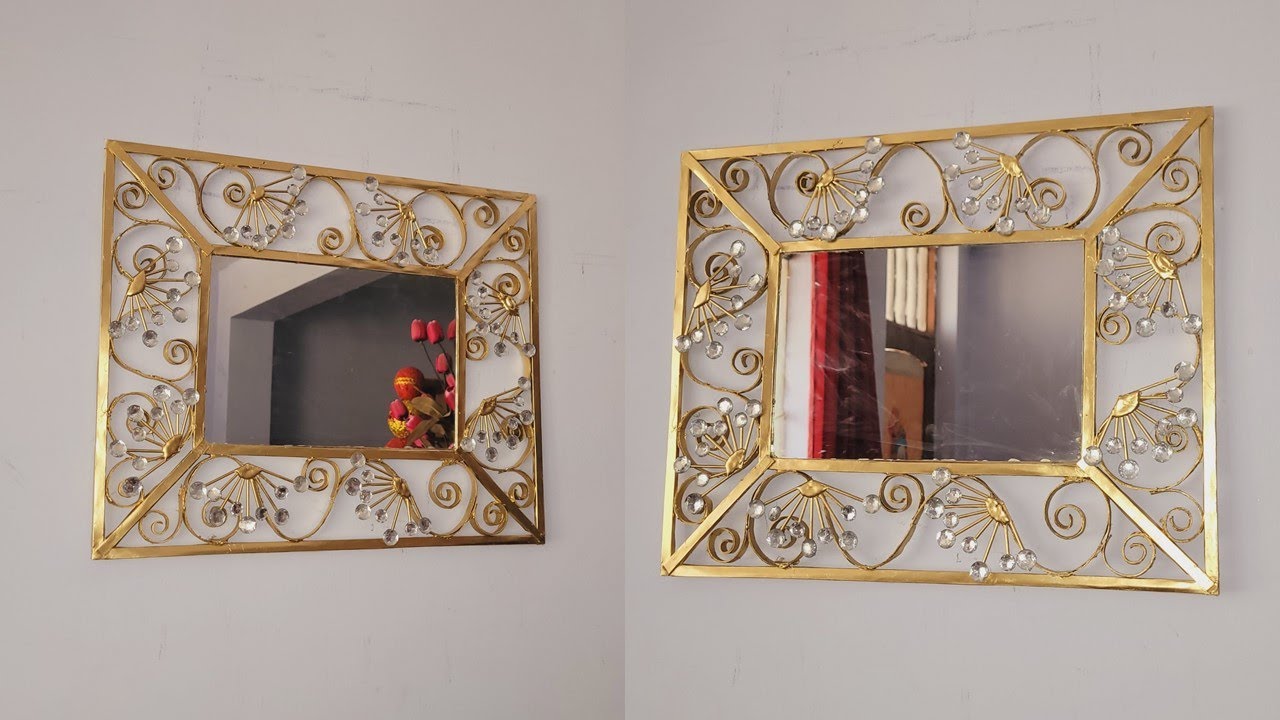 Espejo rectangular dorado , usa reciclaje- Rectangular gold mirror, uses recycling