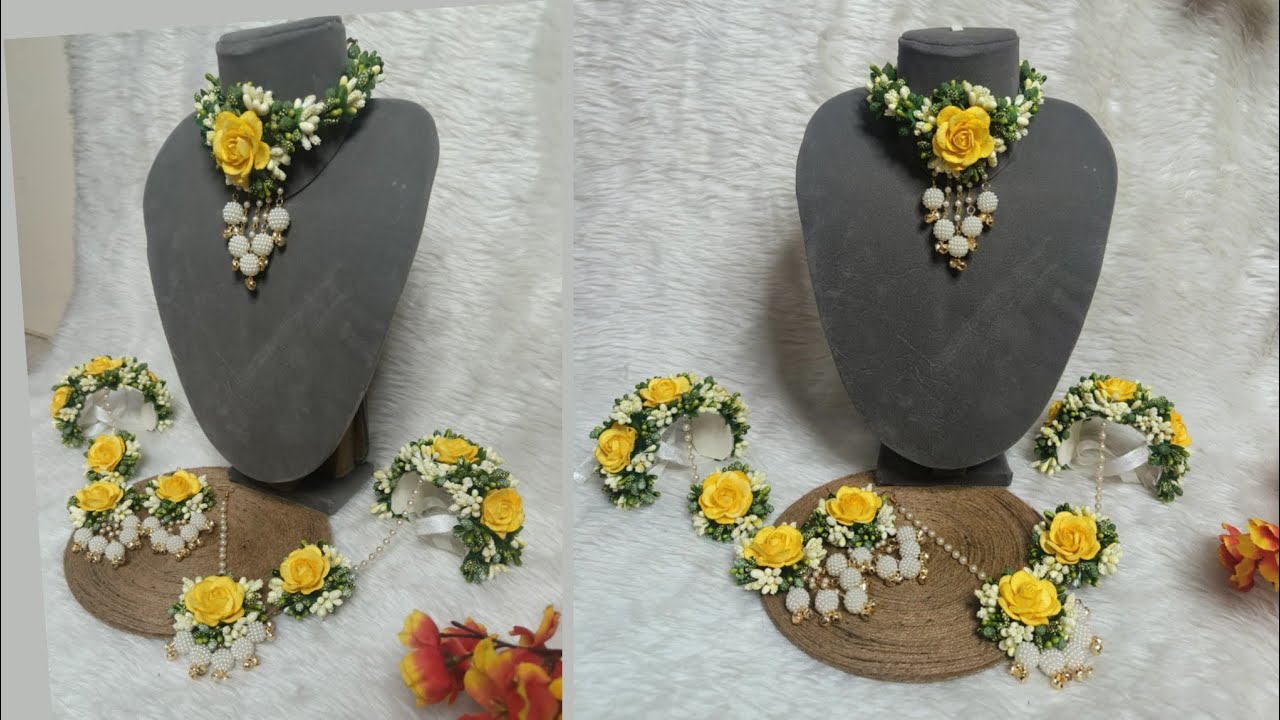 Artificial floral jewellery in Yellow & Green|Haldi jewellery|Flower jewellery 