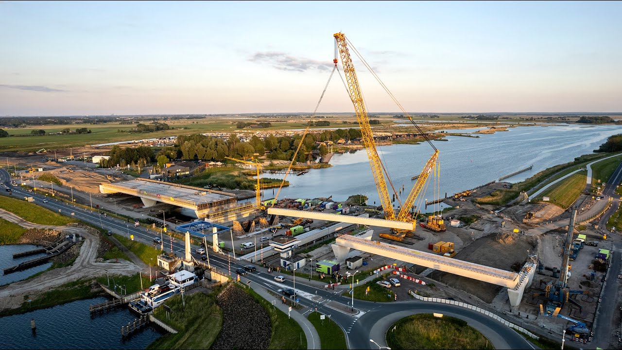Uitdaging transport en montage enorme prefab betonnen liggers Roggebotbrug Kampen