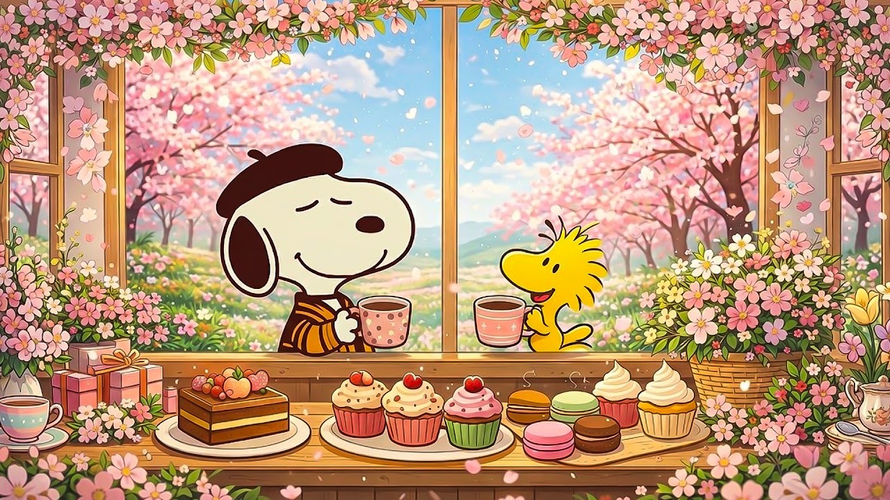 Spring Blossom Café with Snoopy 🌸☕ Cozy Jazz Beats for Study, Relax & Happy Days